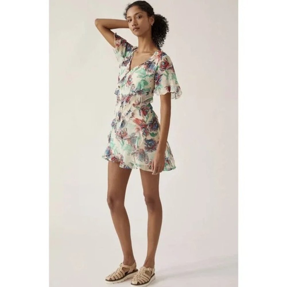 Anthropologie Soft Printed Mini‎ Dress Flutter Sleeves Watercolor Floral Small